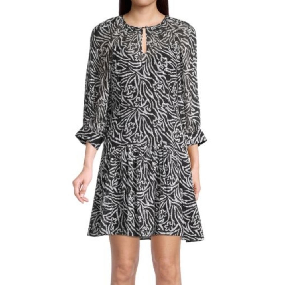 Rebecca Taylor Zebra Lily Mini Dress Split Neck Tiered Silk Black White 6
